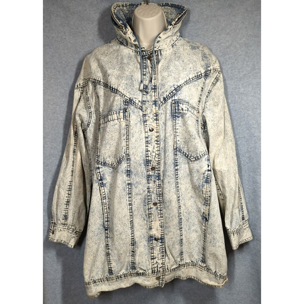 Vtg 80s Denim Jacket Coat Women L Acid Wash Hood Snaps Hong Kong Grunge Hipster